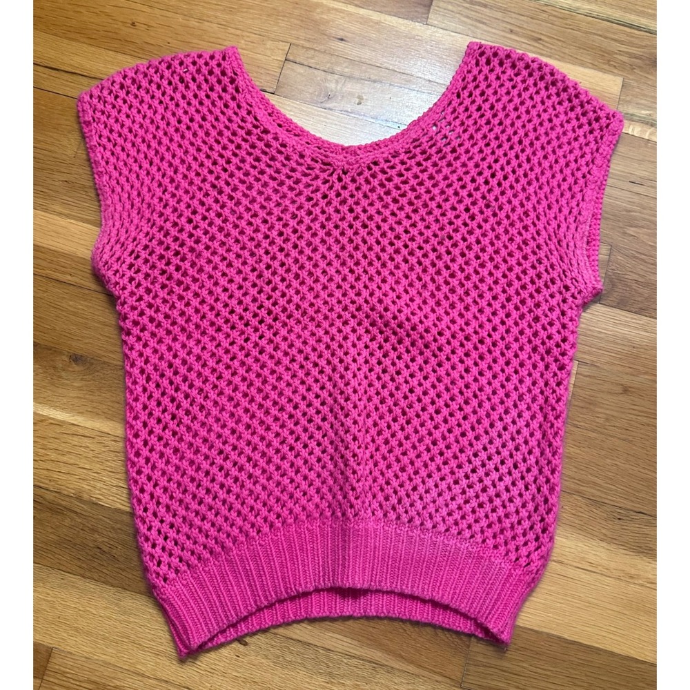 Susann d Vintage Hot Pink Angora Blend Fishnet Crochet Knit Sweater Vest Medium